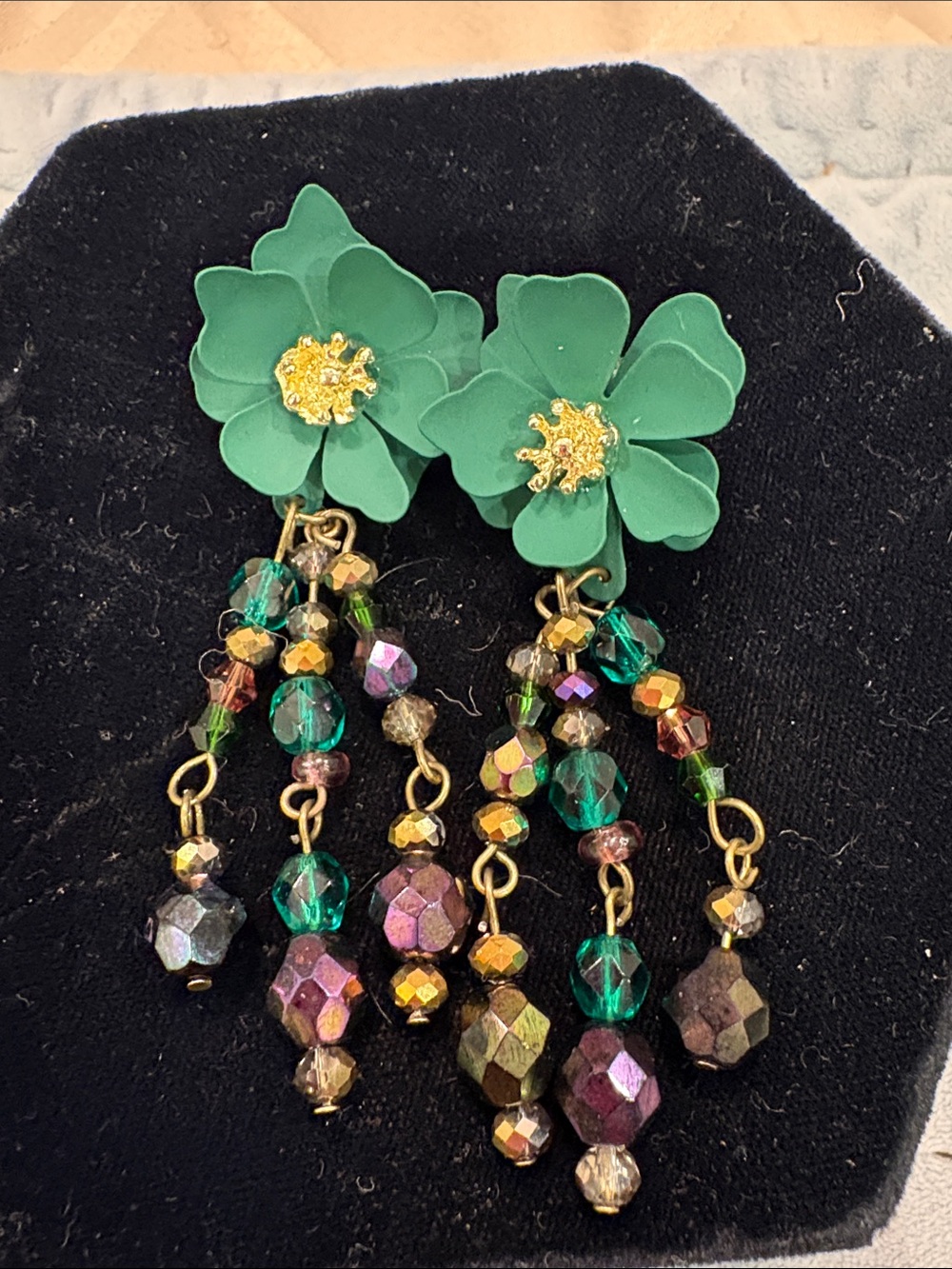 Green & Amethyst Floral Earrings with Multicolor Crystal Dangles-NWT